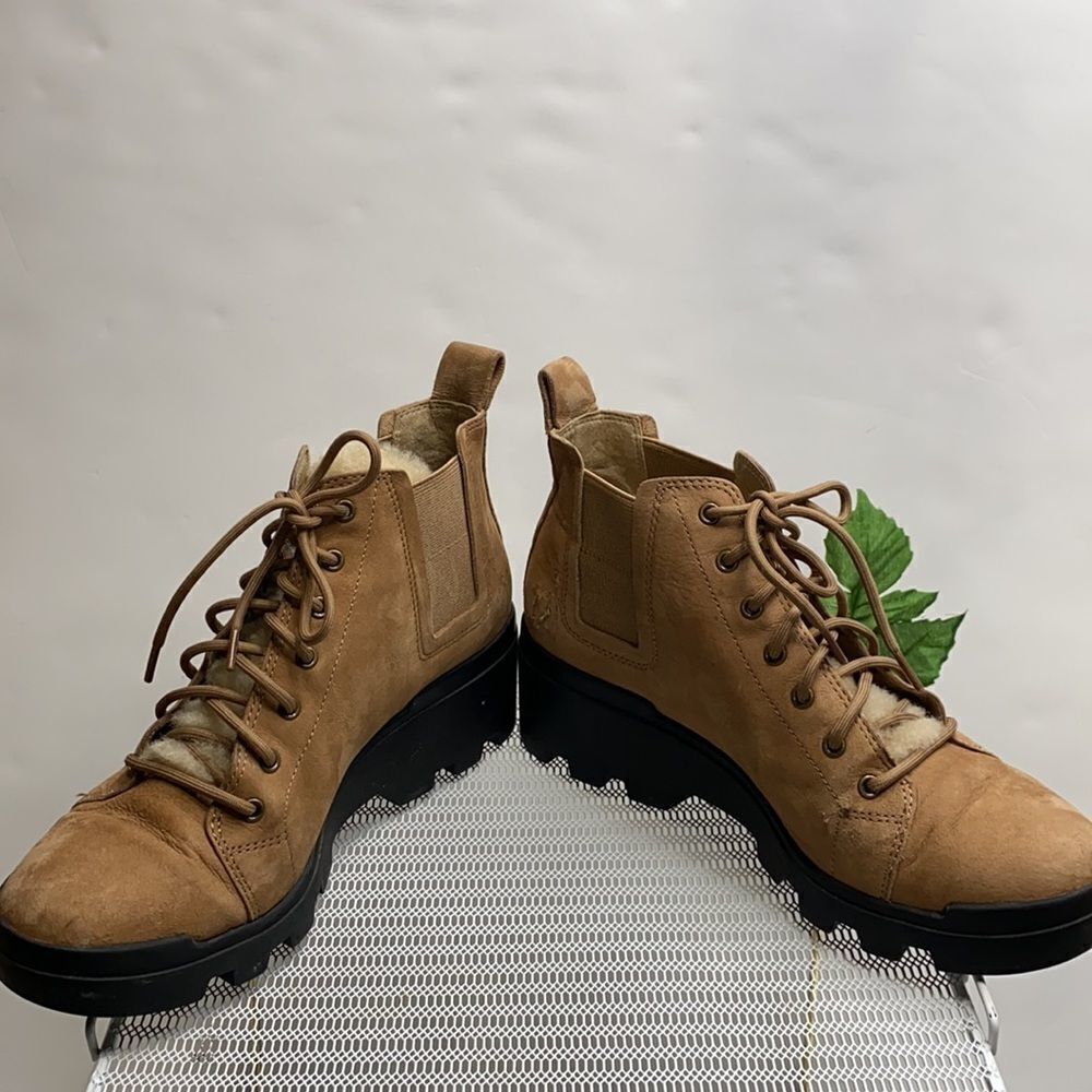 EILEEN FISHER Women Calm Tan Suede Shearling Platform lug Sole‎ Hiker Bootie 7.5 - Picture 6 of 13